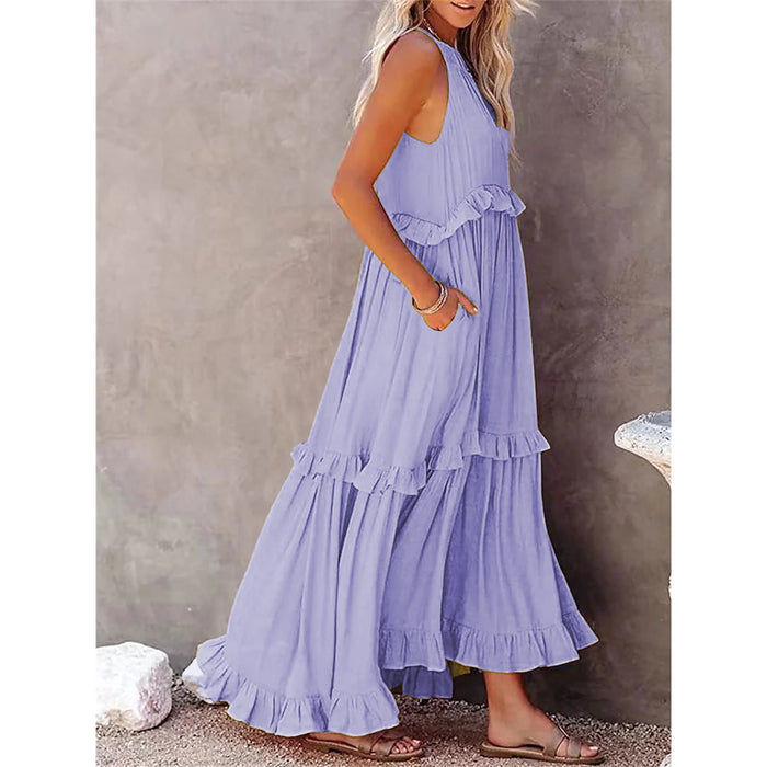 2024 Ruffled Pleated Dress Flowy Long Sundress Sleeveless Boho Beach Party Dresses