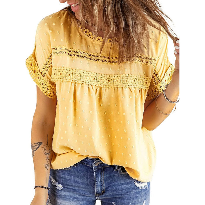 Women Short Sleeve Blouses Ladies Crewneck Lace Crochet Tops Dressy Chiffon Blouses