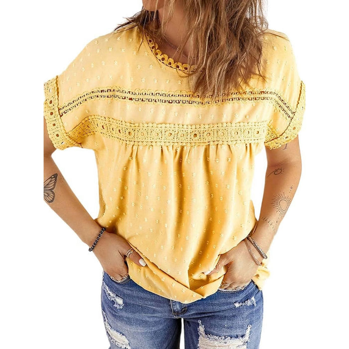 Women Short Sleeve Blouses Ladies Crewneck Lace Crochet Tops Dressy Chiffon Blouses